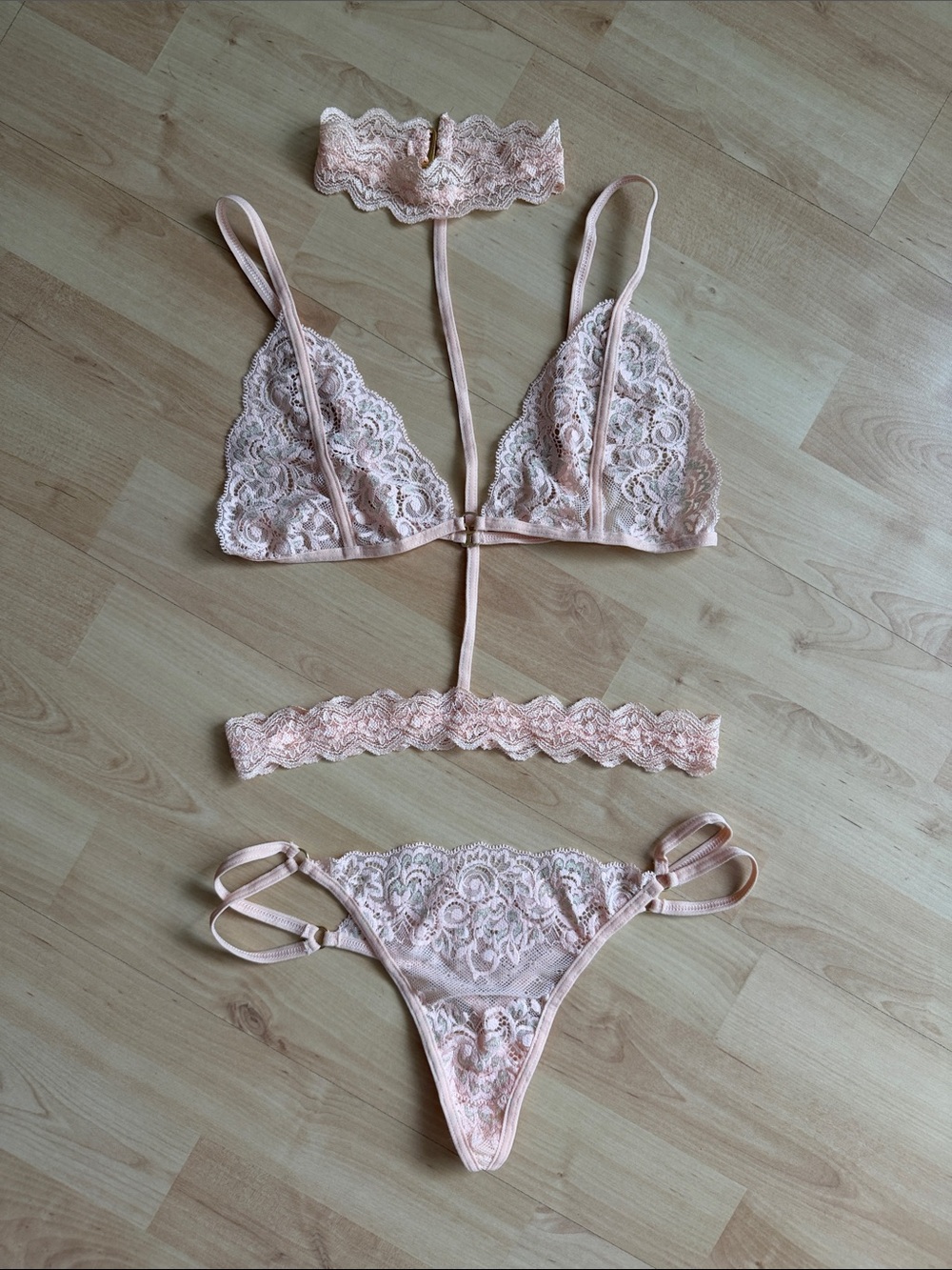 Lace Choker Triangle Bralette 3pcs Set - Blush Pink